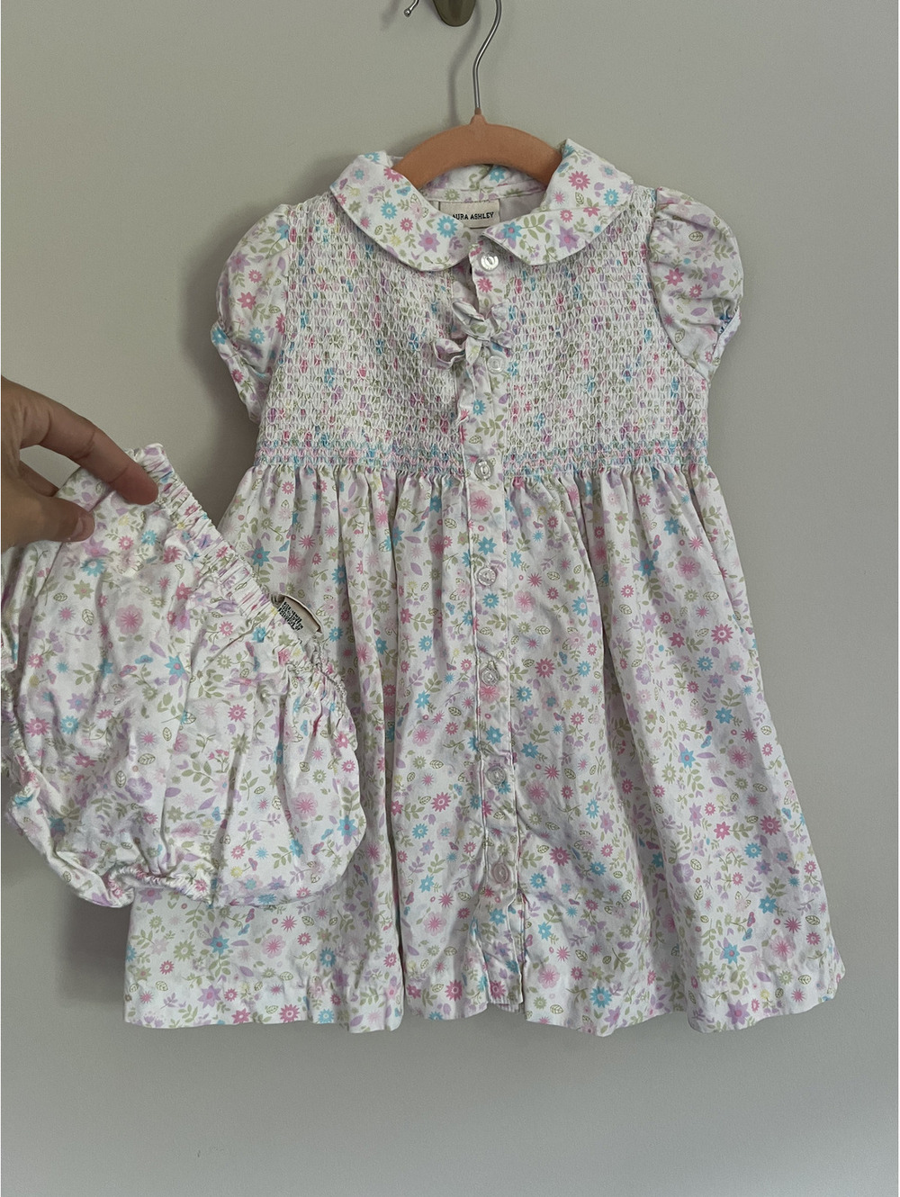 Vintage Laura Ashley Pink/Blue/Floral Floral Smocked Dress Bloomer Set, 18 Mo